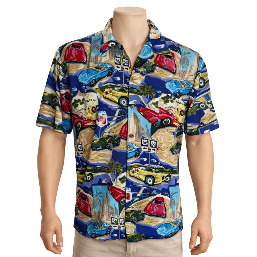 Island‎ Collection Hawaiian Shirt XL Route 66 Classic Cars Palm Trees